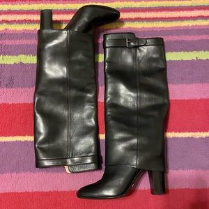 Adrienne Vittadini Black Leather Fold-Over Knee High Boots with Buckle